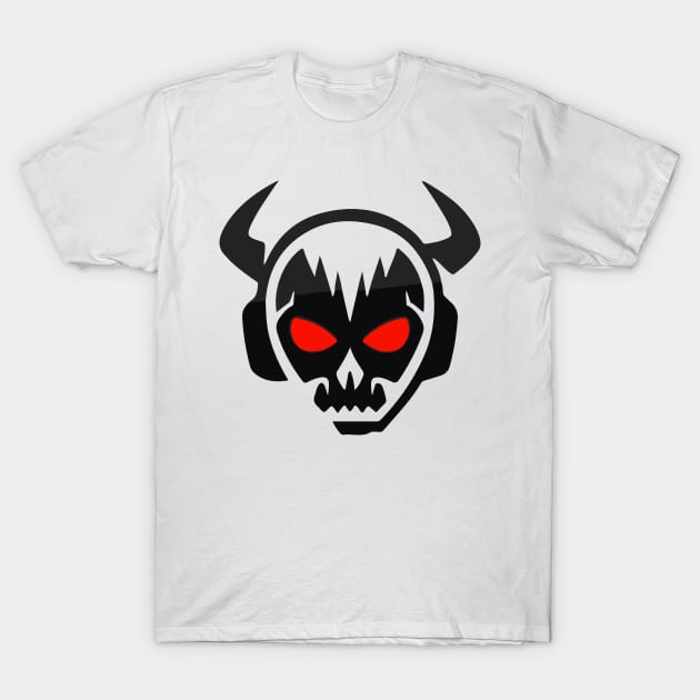 Horned skull with headphones and red eyes T-Shirt by Happycactus